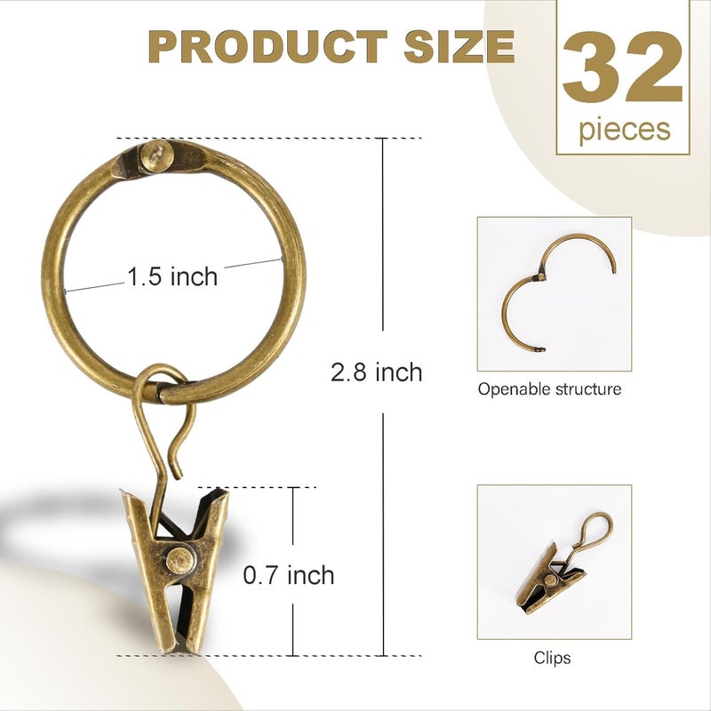 Hanitronic 32 PCS Antique Brass Curtain Rings with Clips, Openable Drapery Metal Clip Rings for Hanging Drapes Decorative Fit Up to 1 inch Windows Rods (1 1/2“ Inner Diameter) - Image 2